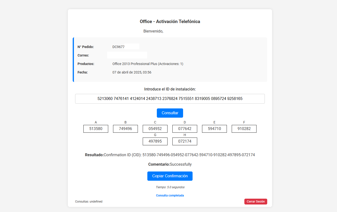 Código de confirmación generado en CIDMS
