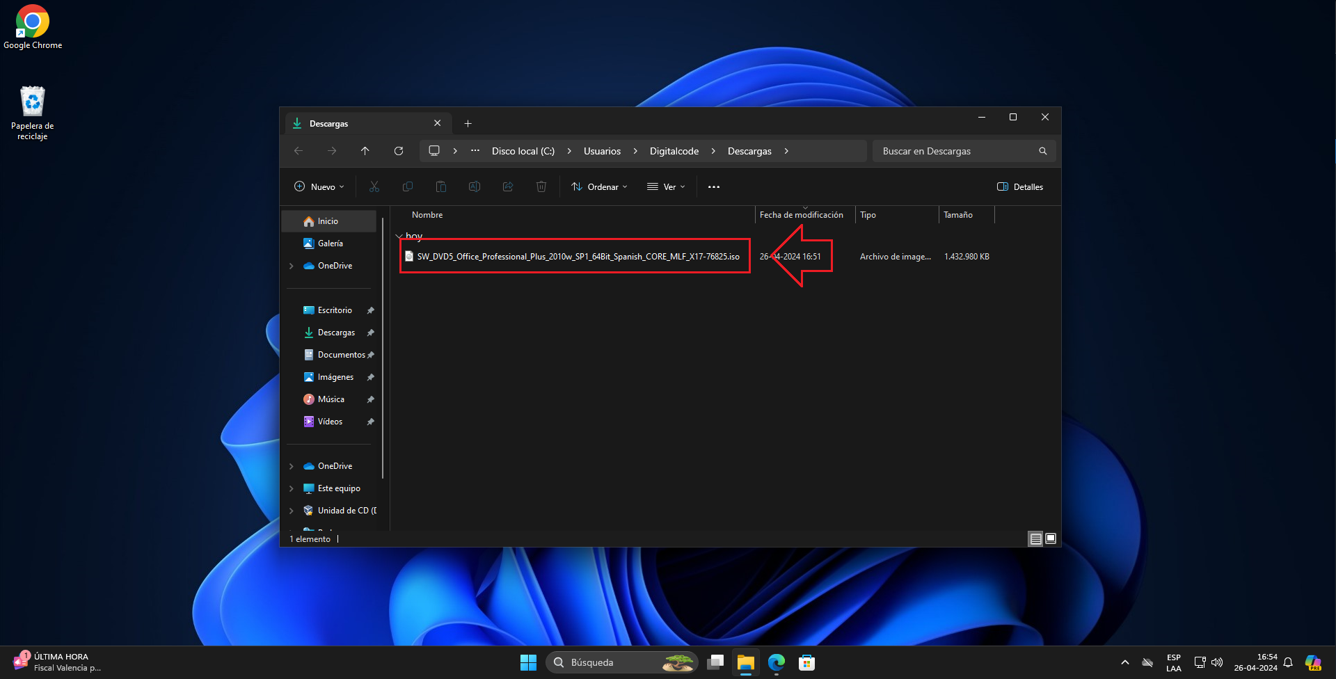 Archivo ISO descargado en Windows