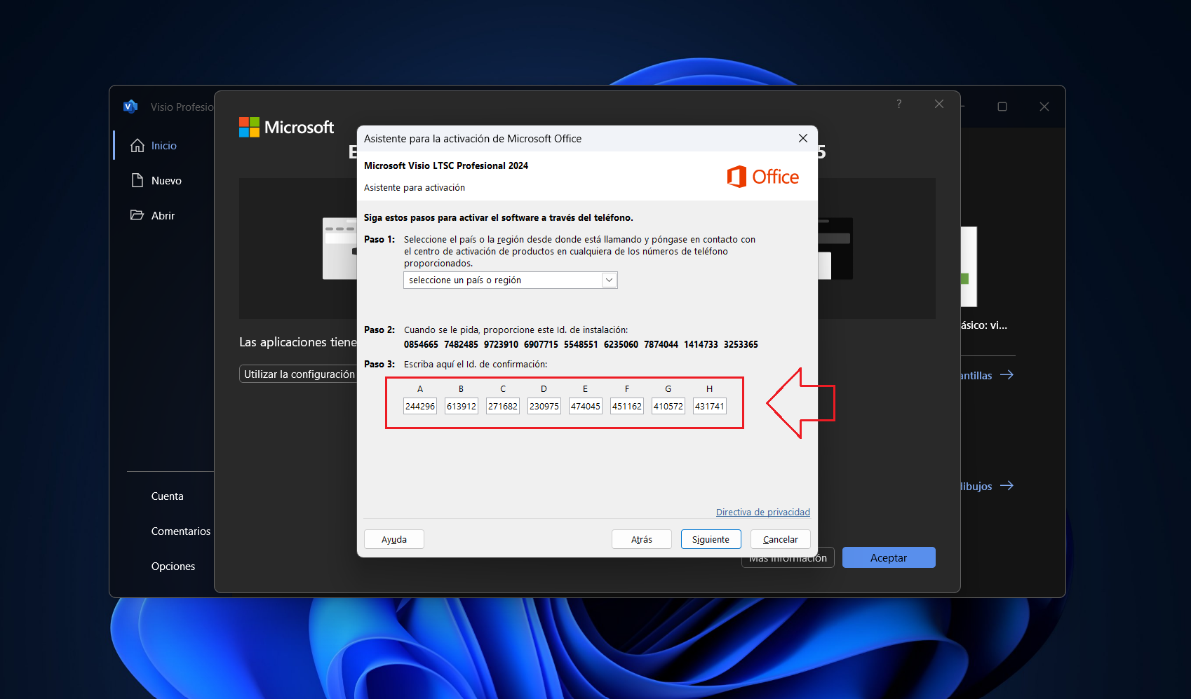 Ingresar código de confirmación en Visio