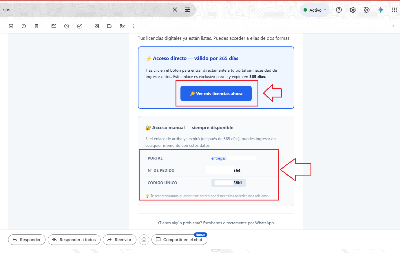 Ejemplo de acceso desde correo electrónico