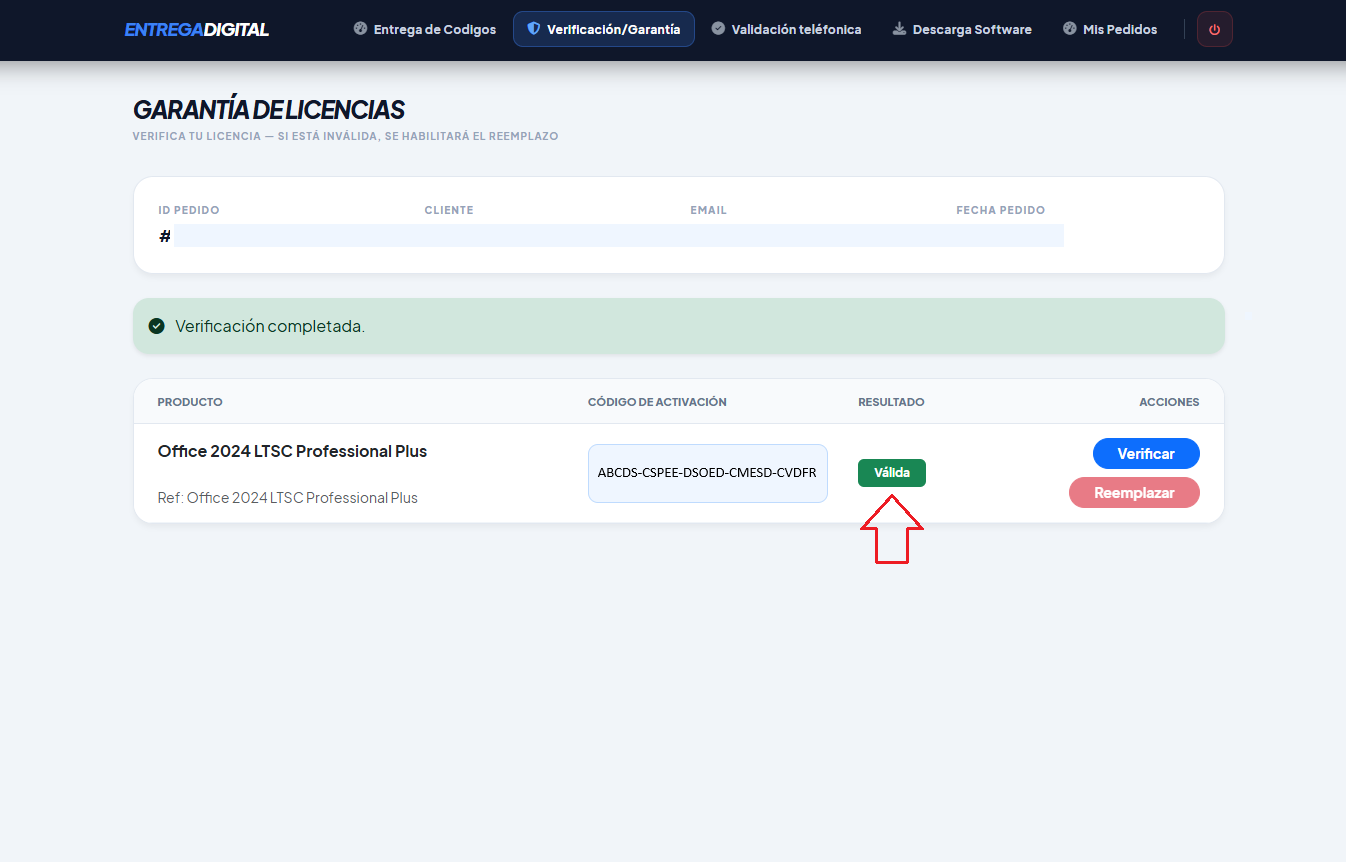 Nuevo código o cuenta de reemplazo