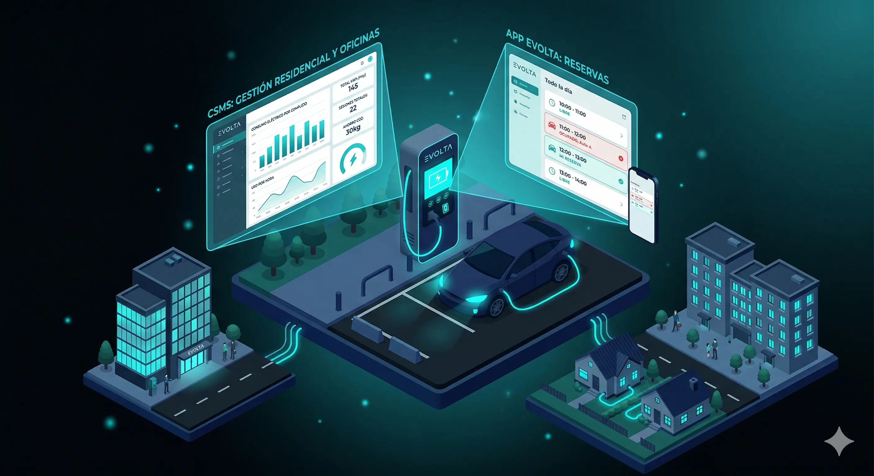 Mockup interactivo de la app Red Evolta mostrando un mapa y cargadores en estilo dark mode