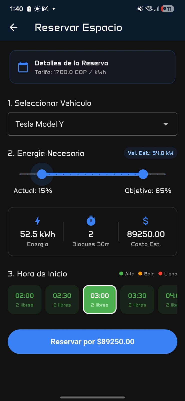 Evolta App Reservation Screen Screenshot