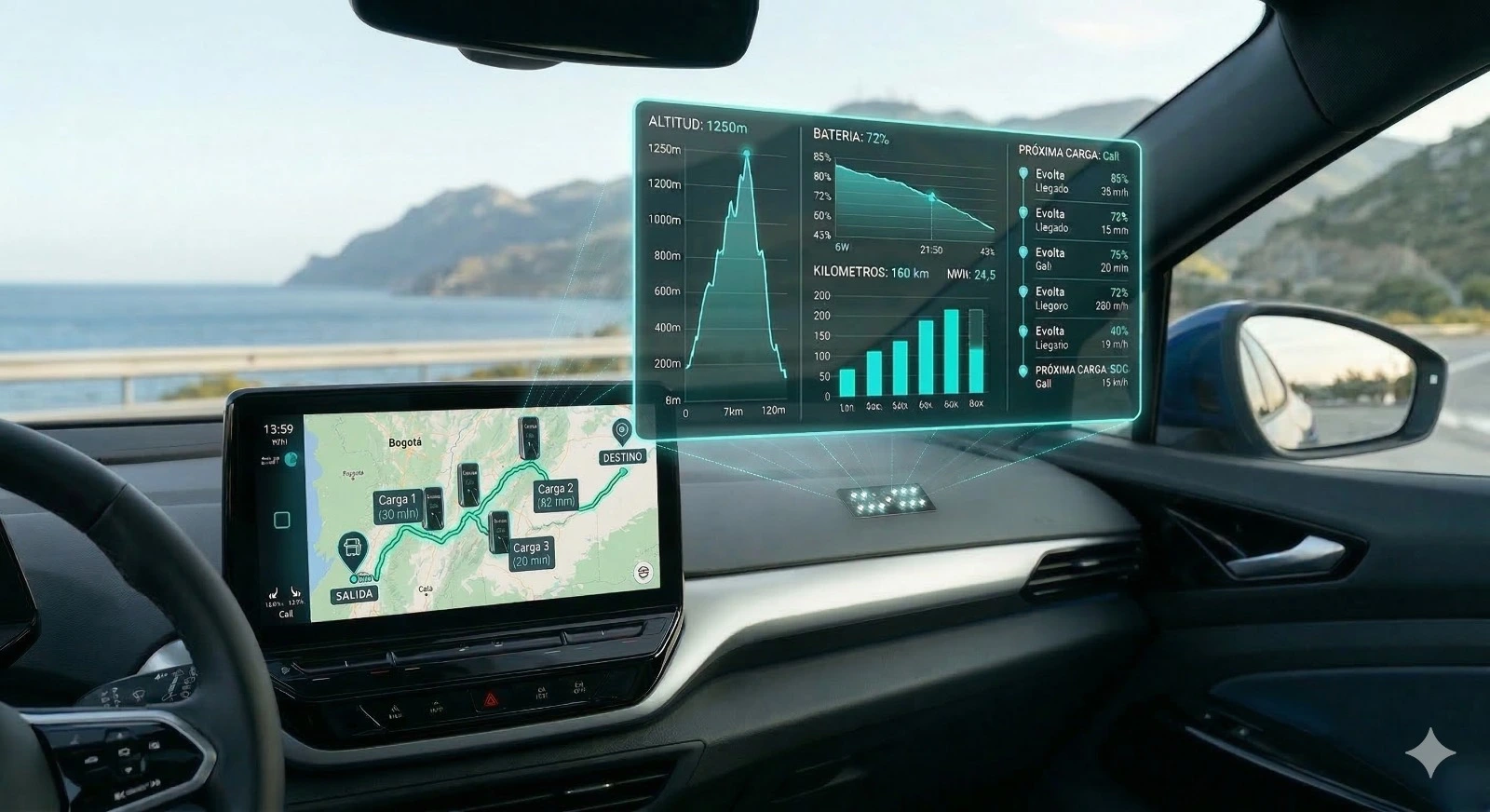 Ilustración vectorial de una ruta de viaje en vehículo eléctrico con altimetría estilo neon line-art