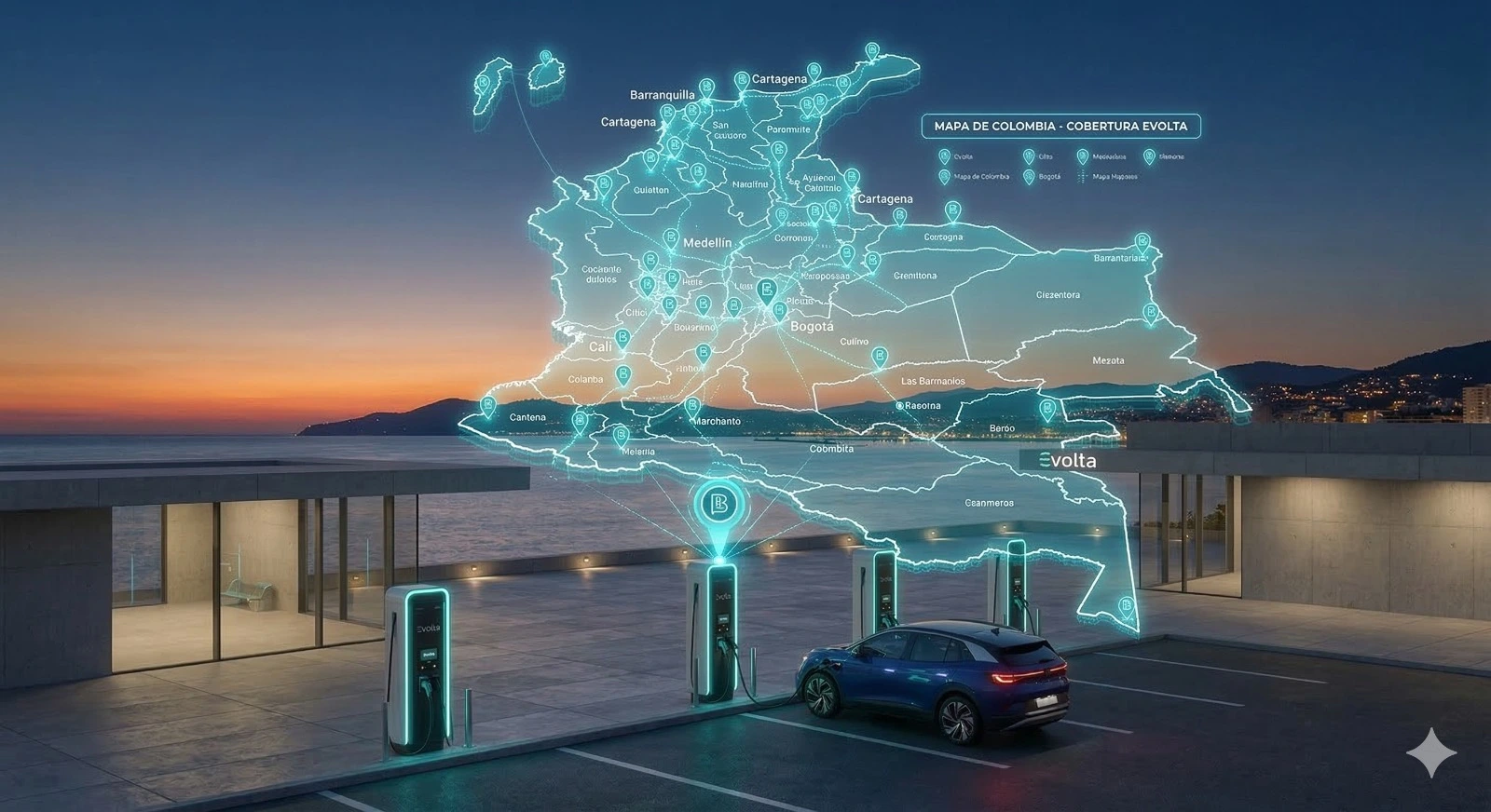 Mapa isométrico 3D de Colombia iluminado con los puntos de carga de la Red Evolta