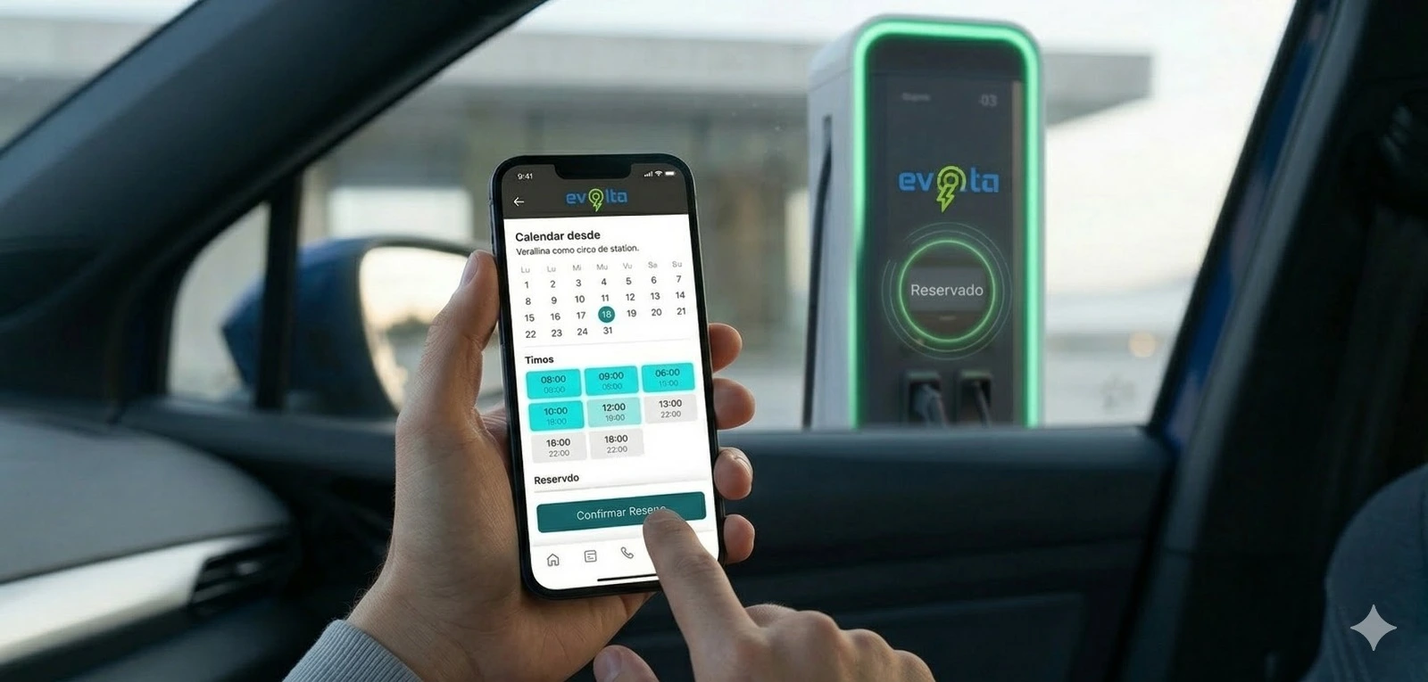 Interfaz gráfica abstracta translúcida mostrando la reserva de un cargador eléctrico Evolta