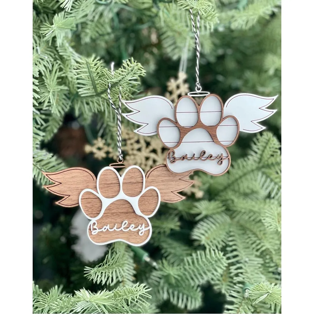 Pet Memorial Ornament, Paw with Wings Christmas Ornament, Shiplap Paw Ornament