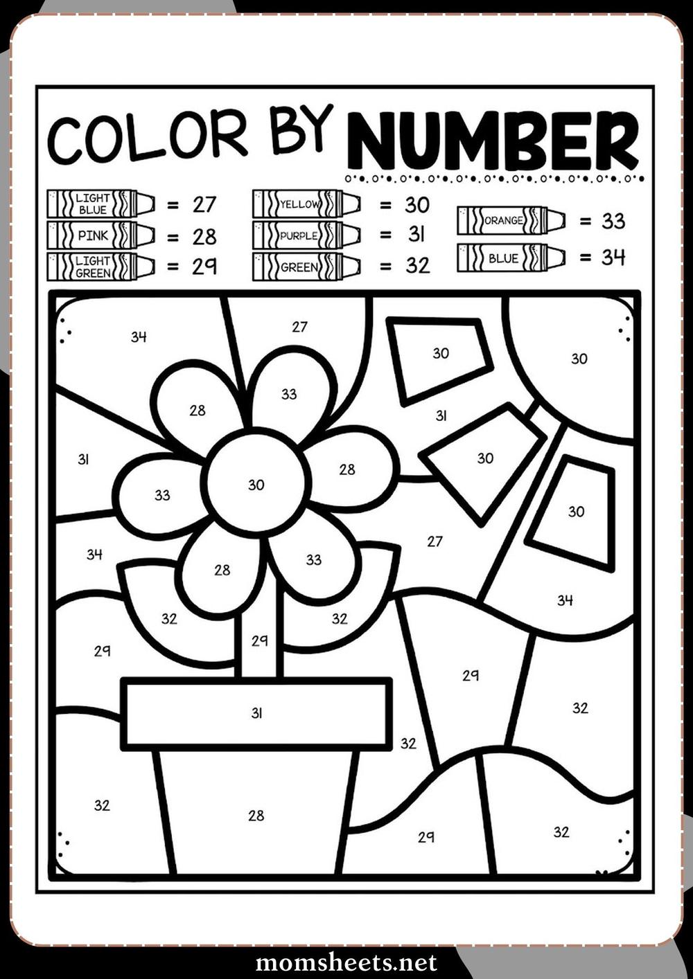 Color by number Flower Plant Pot Sun | worksheets | Momsheets.net