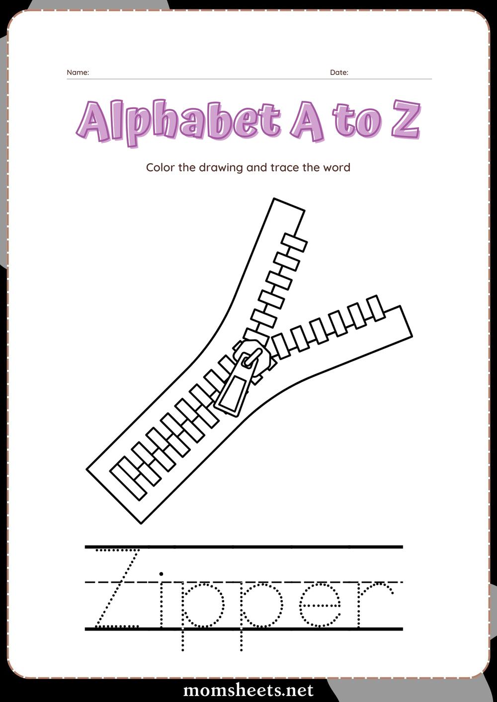 Letter Z Drawing Coloring Page Zipper Tracing Word | worksheets ...