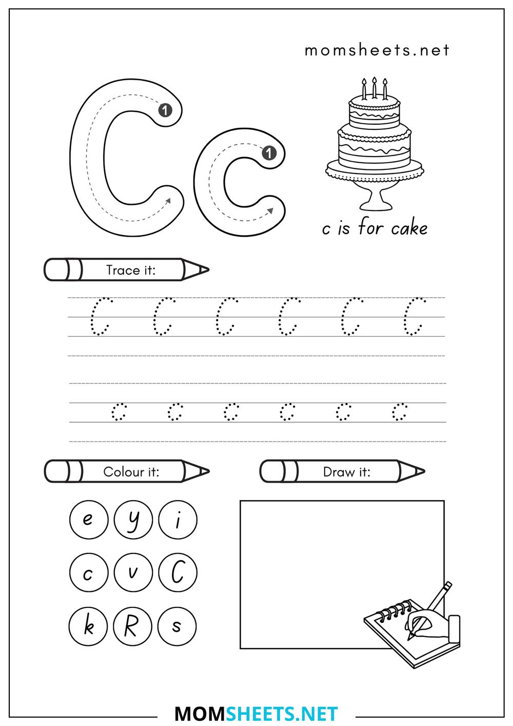C Letter Recognition Activities Find Trace Color Draw Worksheet ...