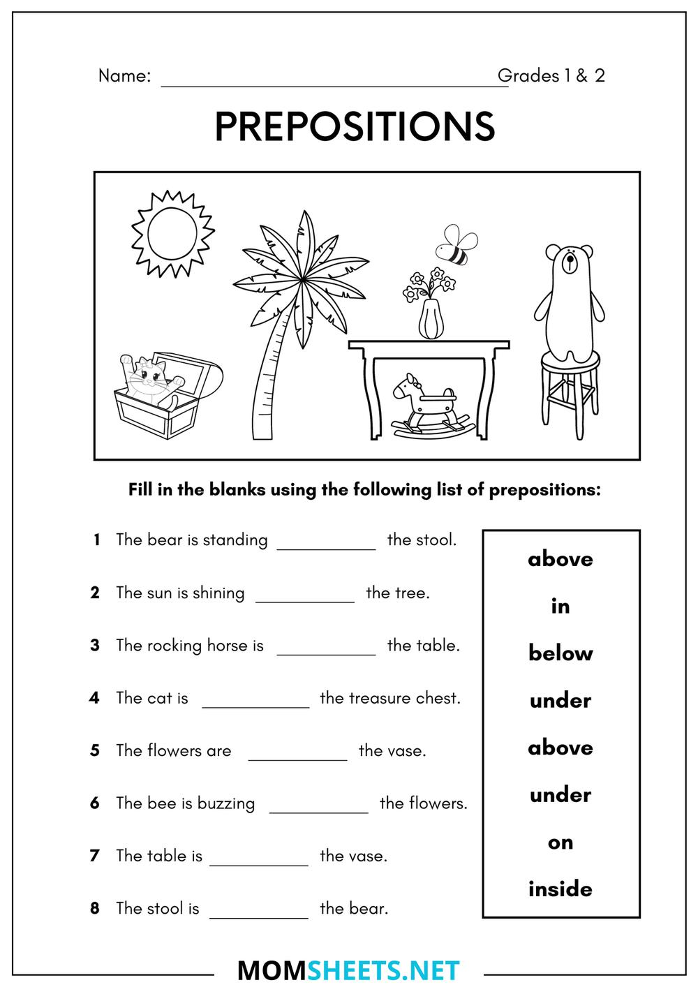 Preposition Fill in Blank Grade 1, Grade 2, Preschool Worksheet ...