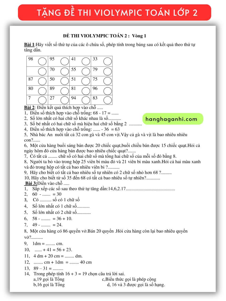 Đề Thi Violympic Toán Lớp 2