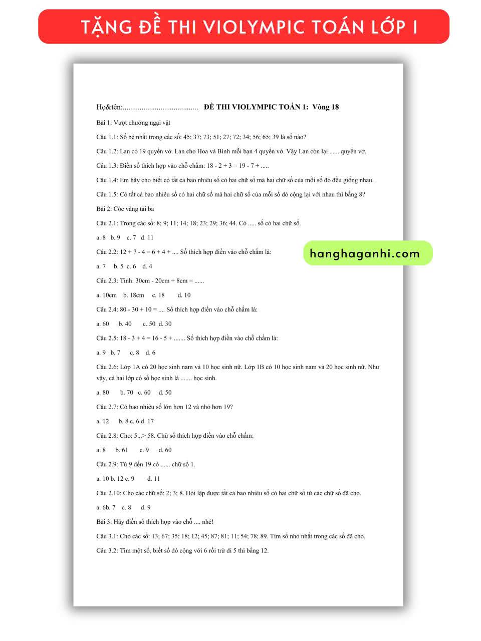 Đề Thi Violympic Toán Lớp 1