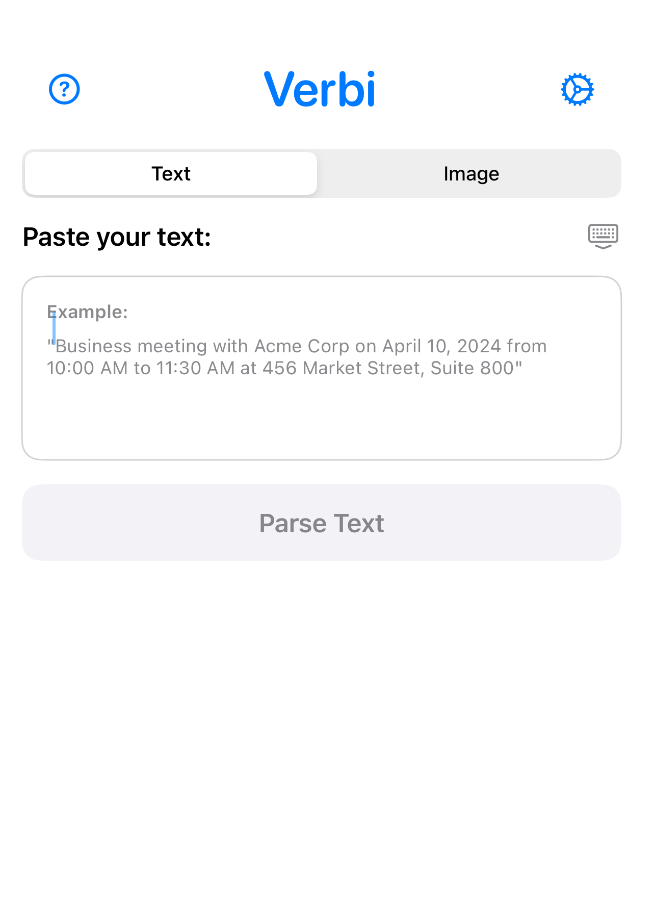 Verbi app screenshot showing text capture