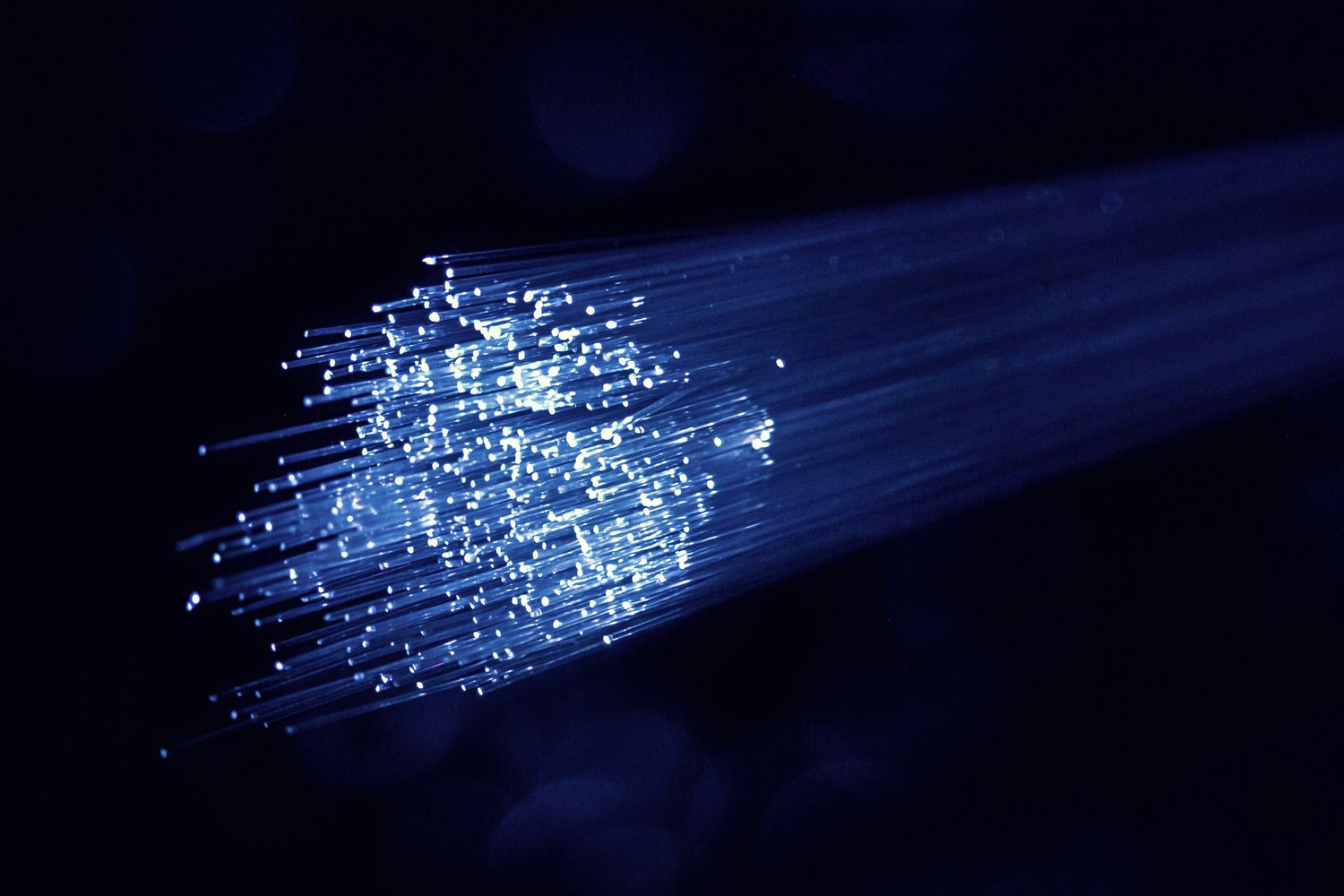 A bundle of fibre-optic strands glowing blue against a dark background