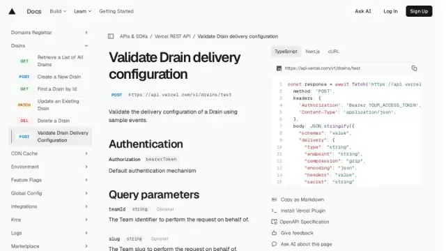 Validate Drain delivery configuration | Vercel REST API