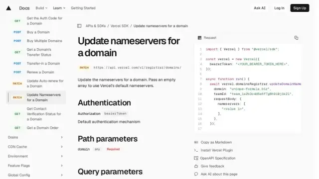 Update nameservers for a domain | Vercel SDK