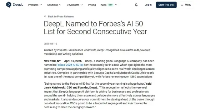 DeepL Named to Forbes’s AI 50 List for Second Consecutive Year