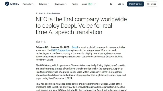 NEC is the first company worldwide to deploy DeepL Voice for real-time AI speech translation