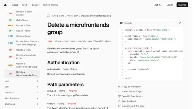 Delete a microfrontends group | Vercel SDK