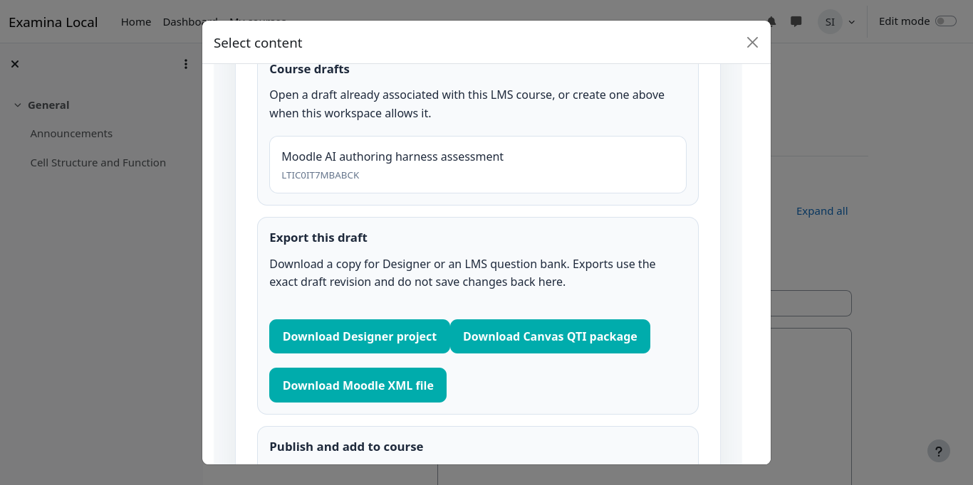 The examina.io draft actions showing Canvas QTI, Moodle XML, Designer project and publication choices