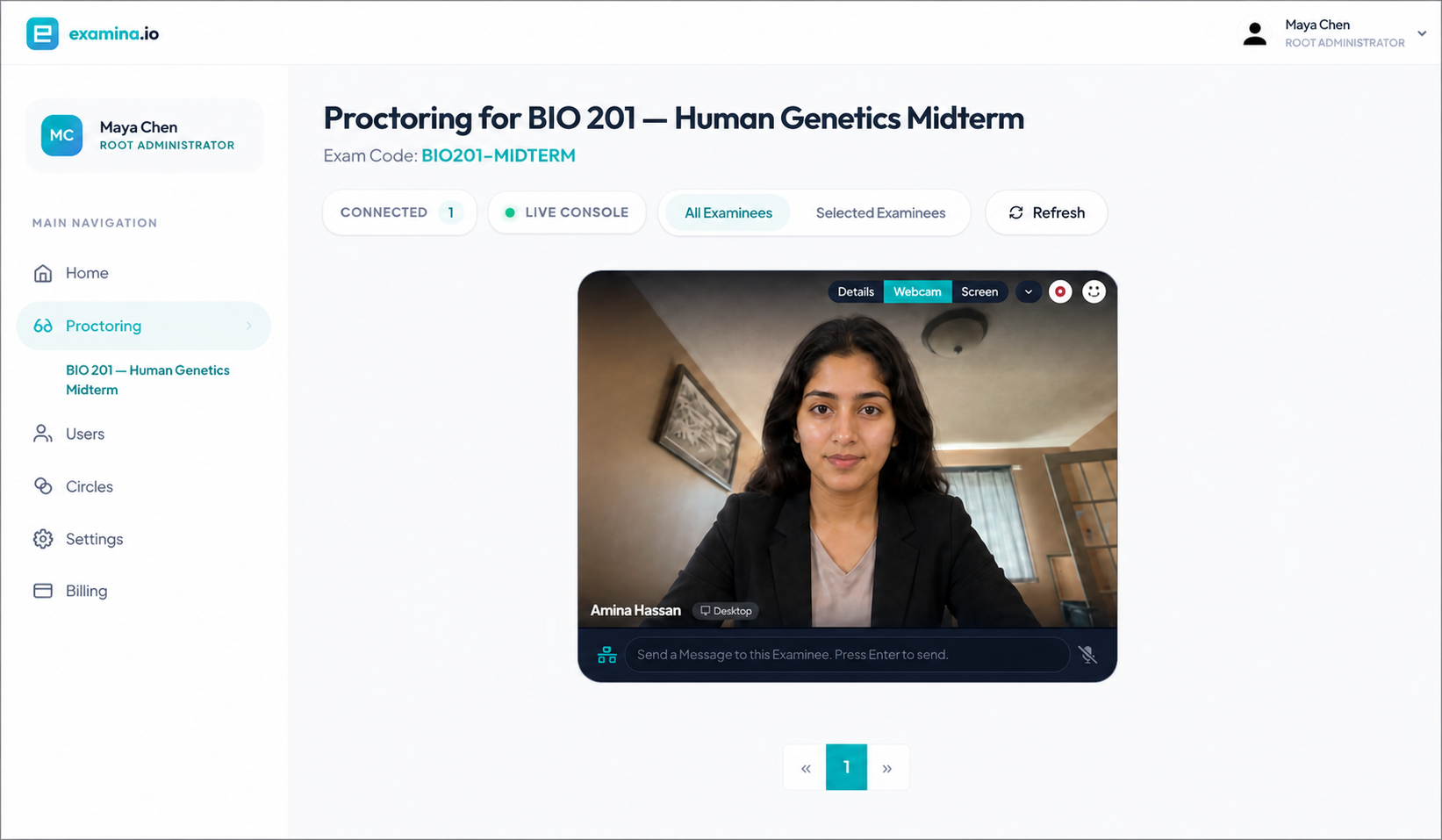 An examina.io invigilator viewing a privacy-safe fictional candidate in the live proctoring console