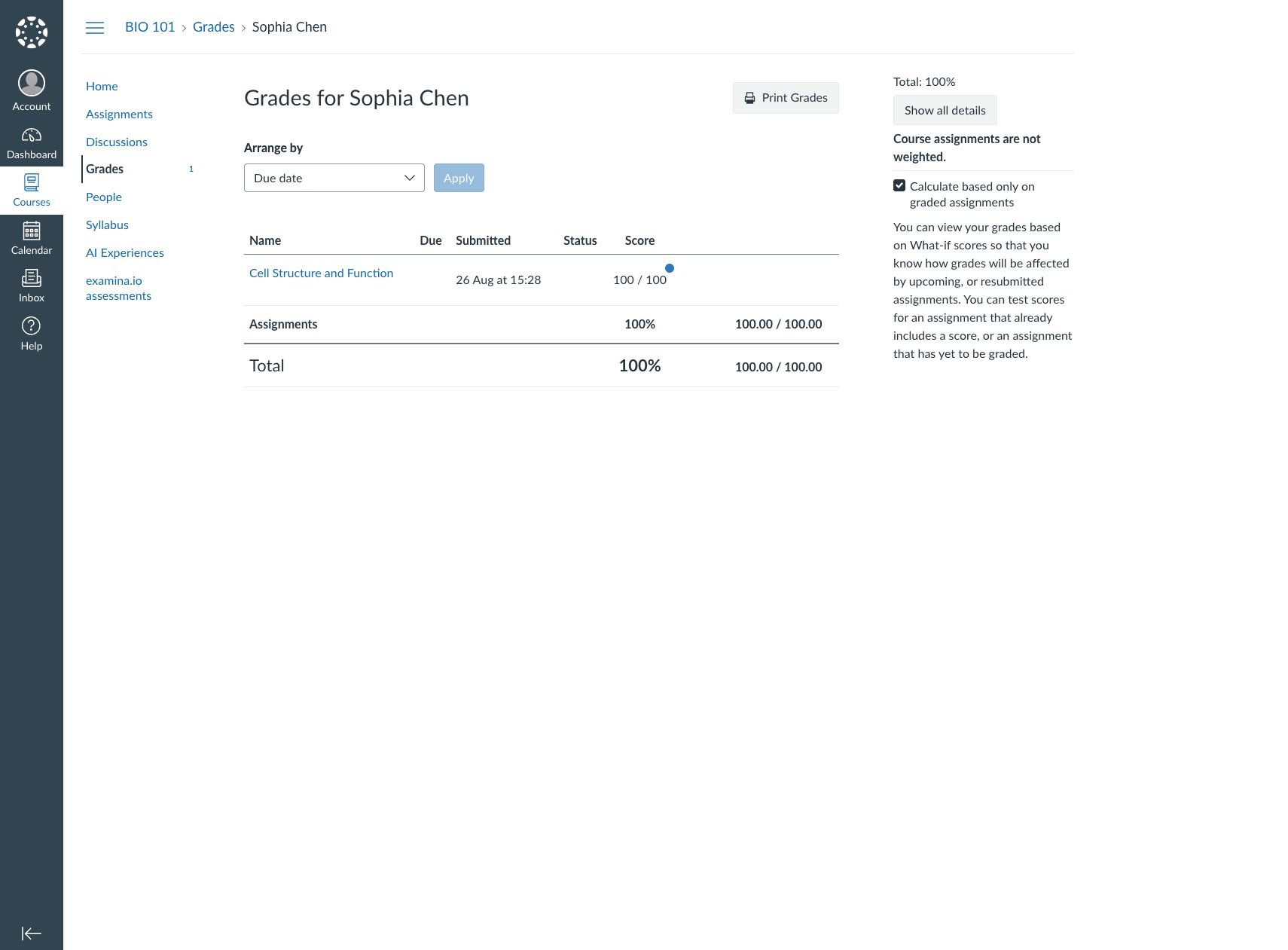 A completed examina.io assessment score returned to the Canvas gradebook