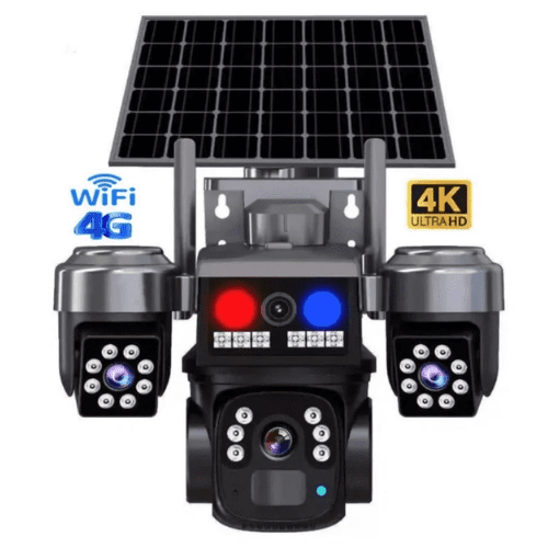 V380 Triple Lens Solar PTZ Camera with Red & Blue Light Alarm