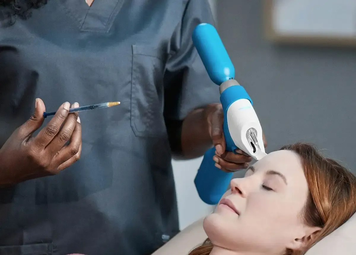 Profesional aplicando el dispositivo TargetCool en el rostro de una paciente recostada.