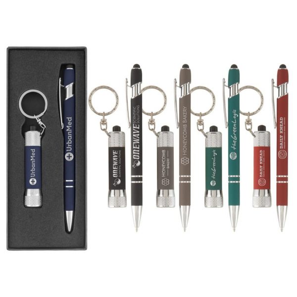 Custom Stylus Pen w/ LED Pocket Flashlight Gift Set