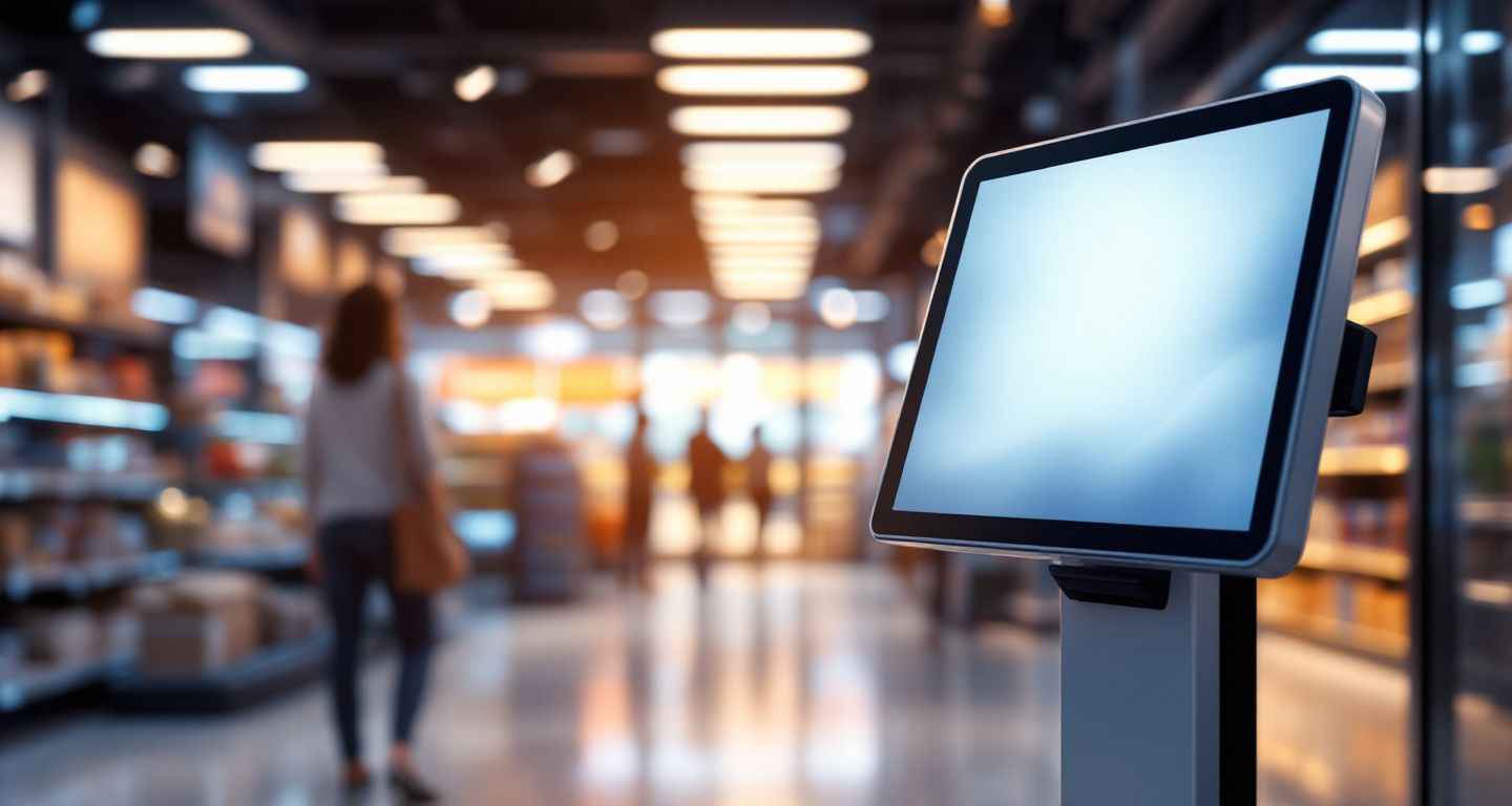 A freestanding self-service touchscreen kiosk near a retail store entrance