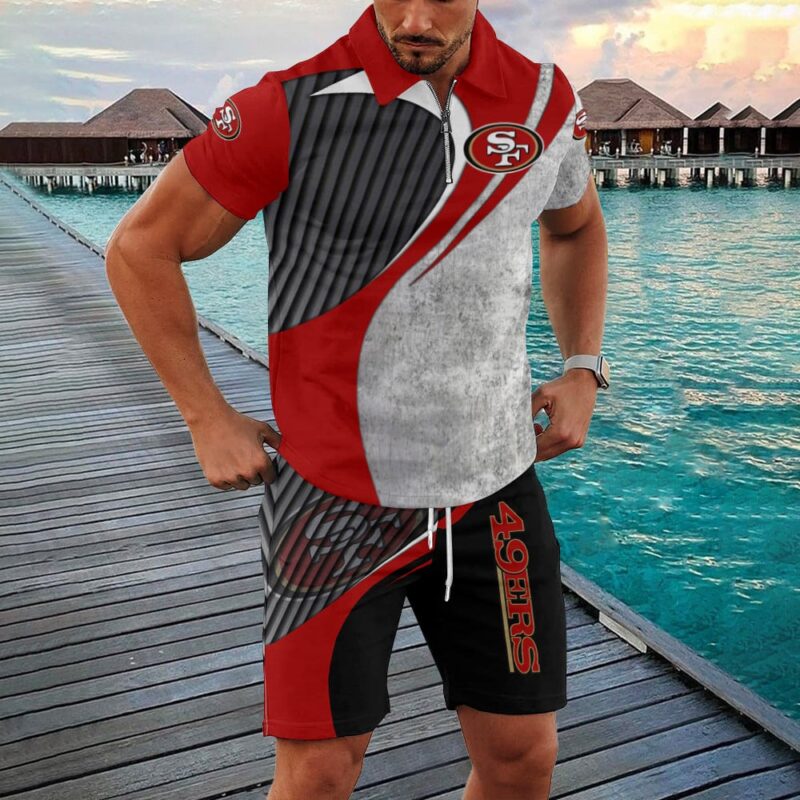 Sportswearmerch San Francisco 49ers NFL Zip Polo Shirt And Shorts Men For Fan - Sportswearmerch