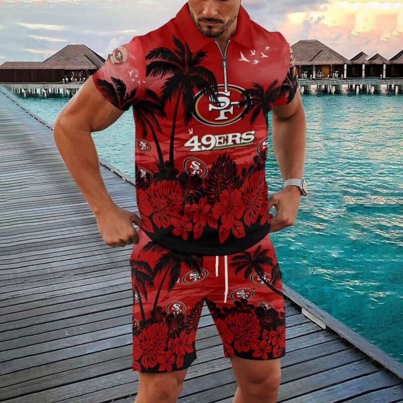 Sportswearmerch San Francisco 49ers NFL Zip Polo Shirt And Shorts Men For Fan - Sportswearmerch
