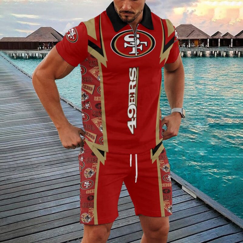 Sportswearmerch San Francisco 49ers NFL Zip Polo Shirt And Shorts Men For Fan - Sportswearmerch
