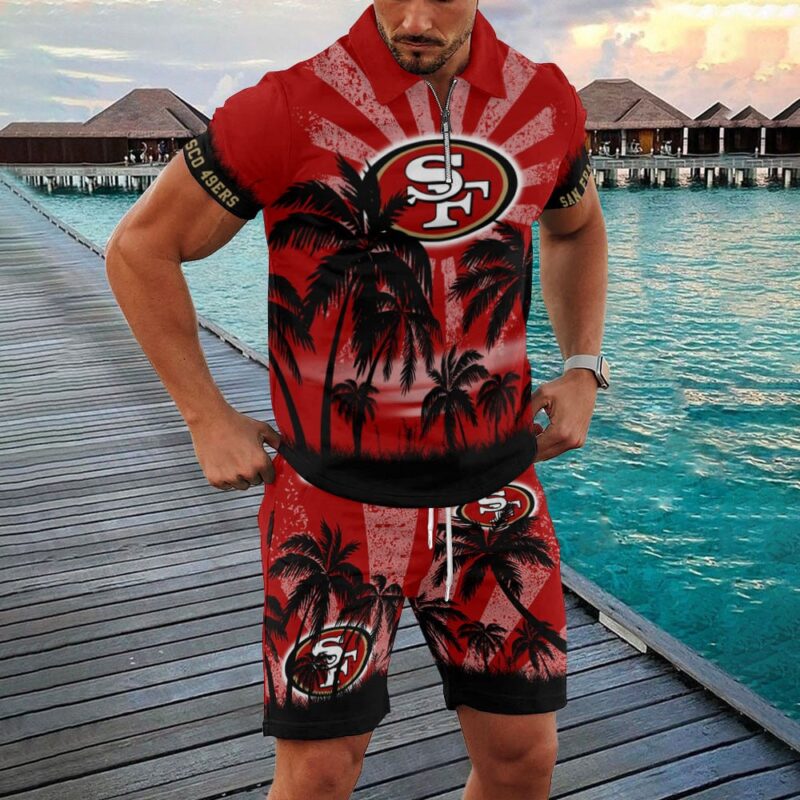 Sportswearmerch San Francisco 49ers NFL Zip Polo Shirt And Shorts Men For Fan - Sportswearmerch