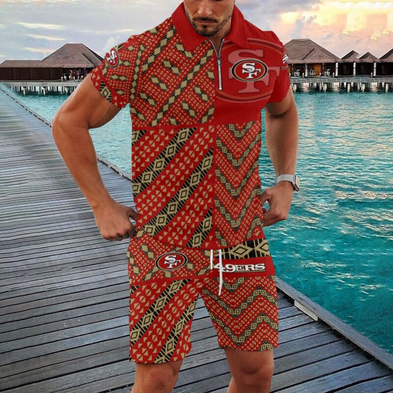 Sportswearmerch San Francisco 49ers NFL Zip Polo Shirt And Shorts Men For Fan - Sportswearmerch