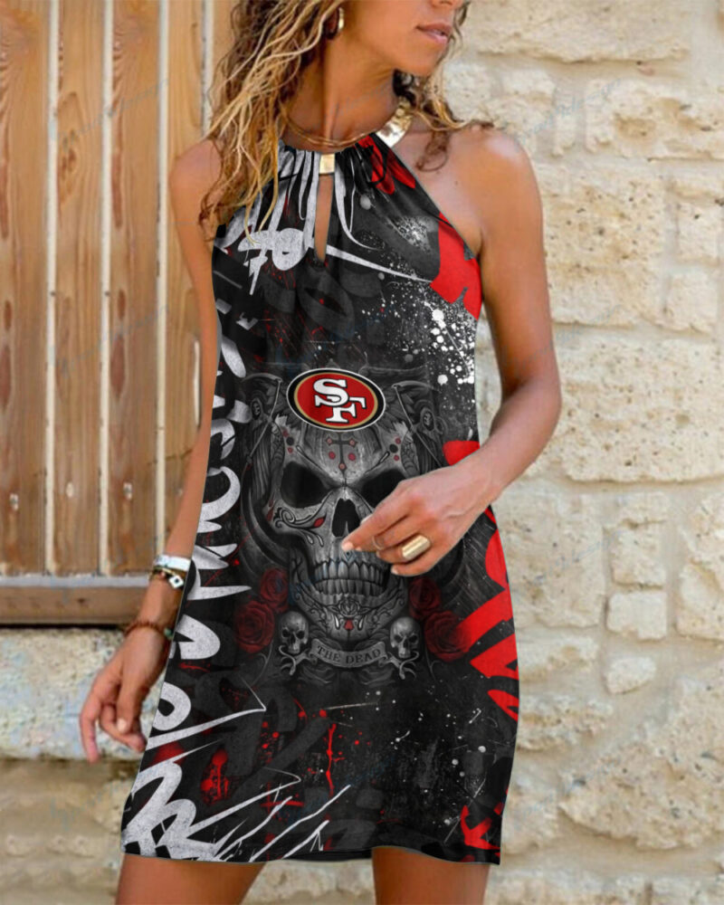 Sportswearmerch San Francisco 49ers NFL Summer Casual Metal Halter Neck Sleeveless Dress For Fan - Sportswearmerch