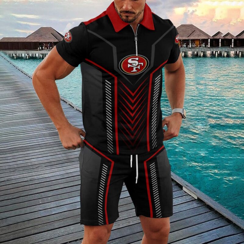 Sportswearmerch San Francisco 49ers NFL Zip Polo Shirt And Shorts Men For Fan - Sportswearmerch