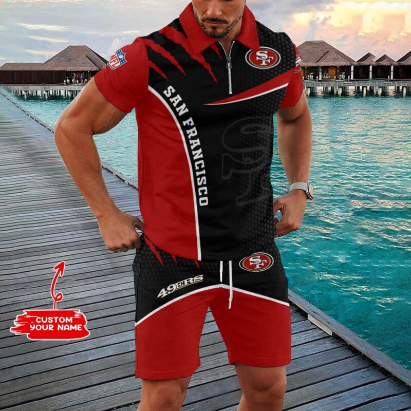 Sportswearmerch San Francisco 49ers NFL Zip Polo Shirt And Shorts Men For Fan - Sportswearmerch