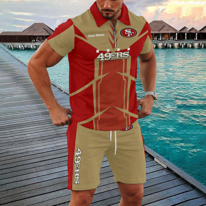 Sportswearmerch San Francisco 49ers NFL Zip Polo Shirt And Shorts Men For Fan - Sportswearmerch
