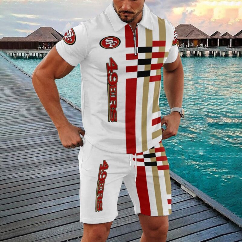 Sportswearmerch San Francisco 49ers NFL Zip Polo Shirt And Shorts Men For Fan - Sportswearmerch