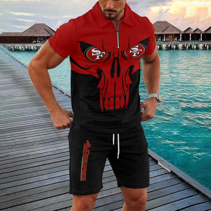 Sportswearmerch San Francisco 49ers NFL Zip Polo Shirt And Shorts Men For Fan - Sportswearmerch