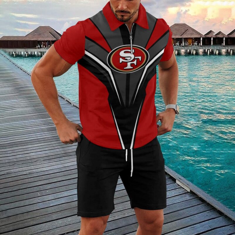Sportswearmerch San Francisco 49ers NFL Zip Polo Shirt And Shorts Men For Fan - Sportswearmerch