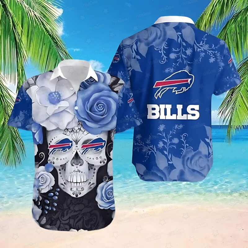 Buffalo Bills Floral Skull Blue Hawaiian Shirt - TeeAloha
