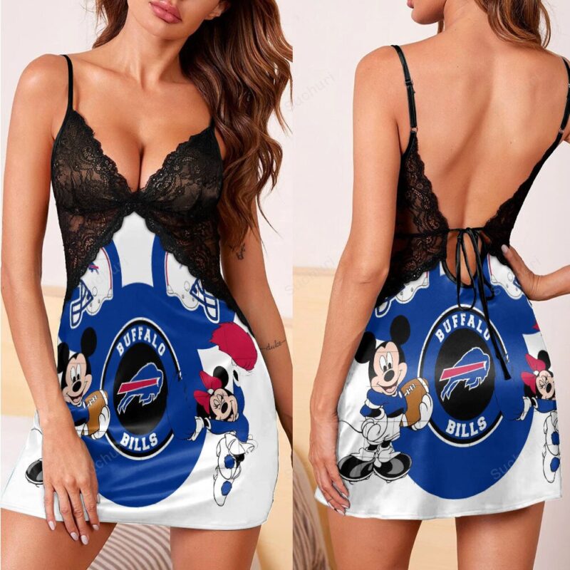 Buffalo Bills Mickey Donald Goofy 3d Back Straps Cami Dress With Lace