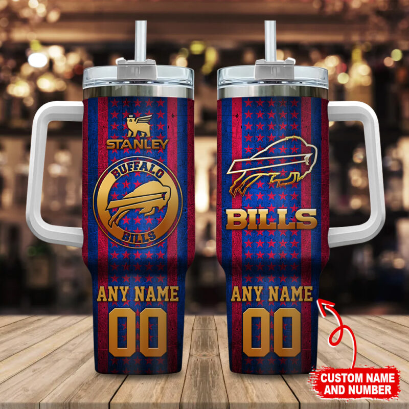 Buffalo Bills NFL Golden Logos US Flag Custom Stanley Cup 40 oz 30 oz Tumbler With Handle | StormMerch