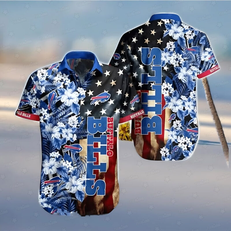 Buffalo Bills Stars and Stripes Floral Black and Blue Hawaiian Shirt - TeeAloha