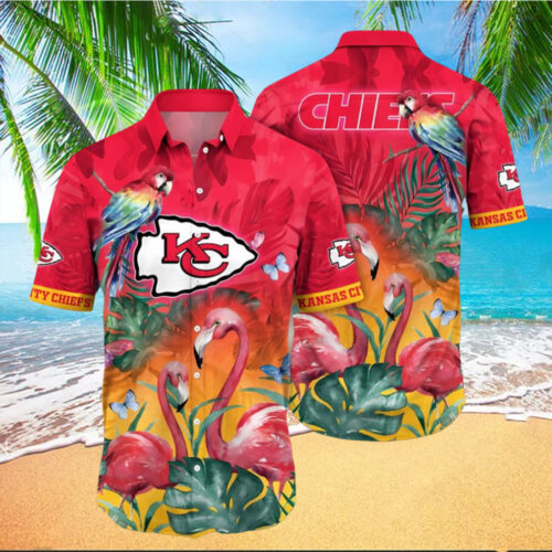 Flamingo and Flower Kansas City Chiefs Hawaiian Shirt - ChiefsFam