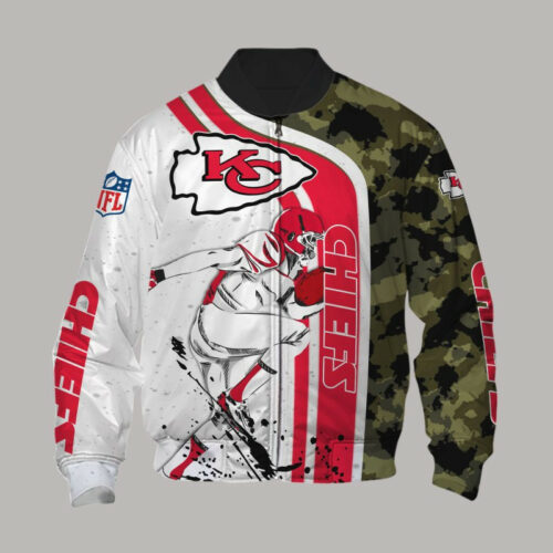 Kansas City Chiefs Camouflage Player 3D Bomber Jacket - ChiefsFam