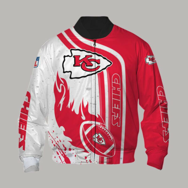 Kansas City Chiefs Flaming Football 3D Bomber Jacket - ChiefsFam